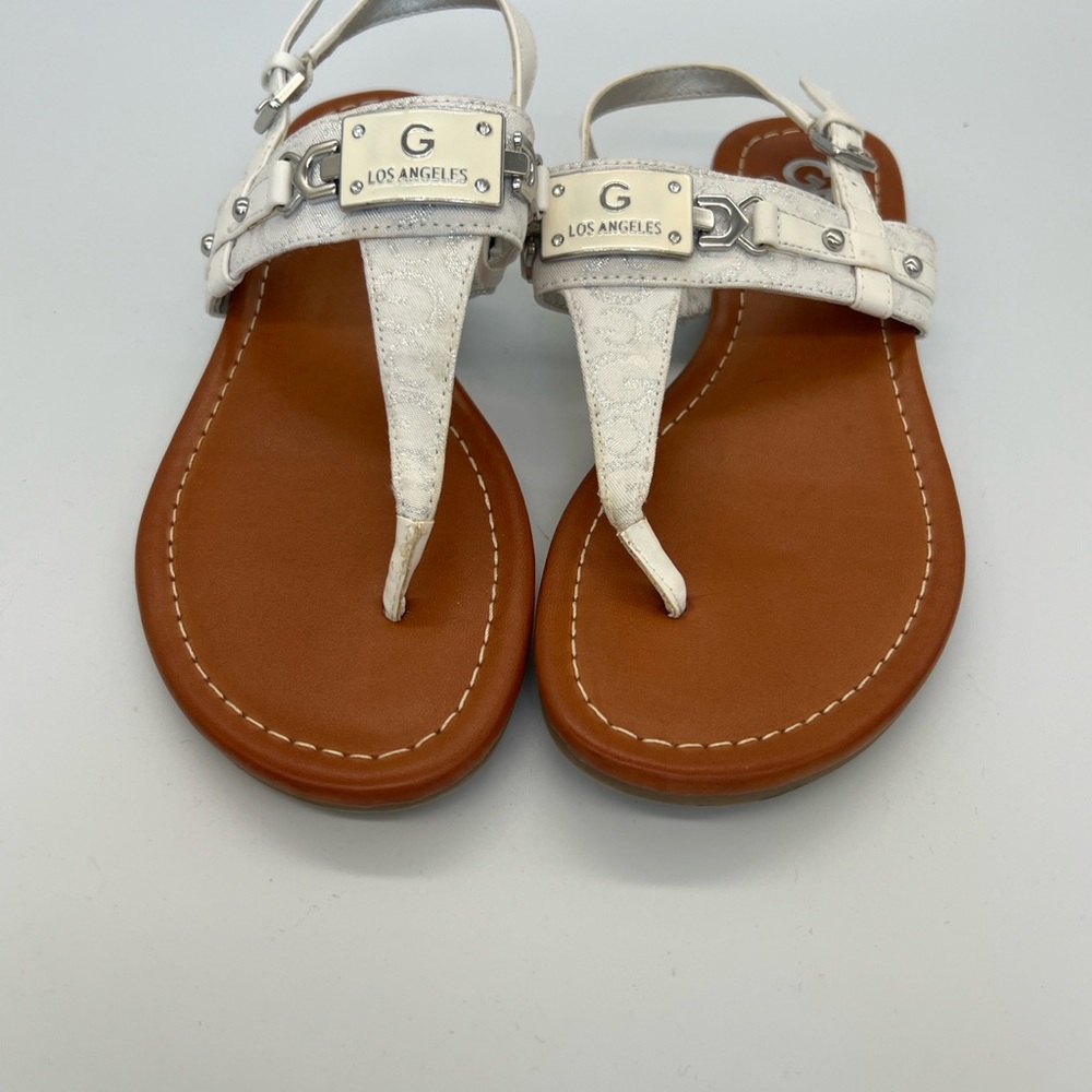 G by Guess White T-Strap Sandals with Tan Footbed